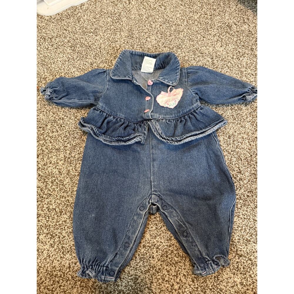 Vintage Little By Little Denim Romper Baby 6-9 Months Embroidered Heart 90s